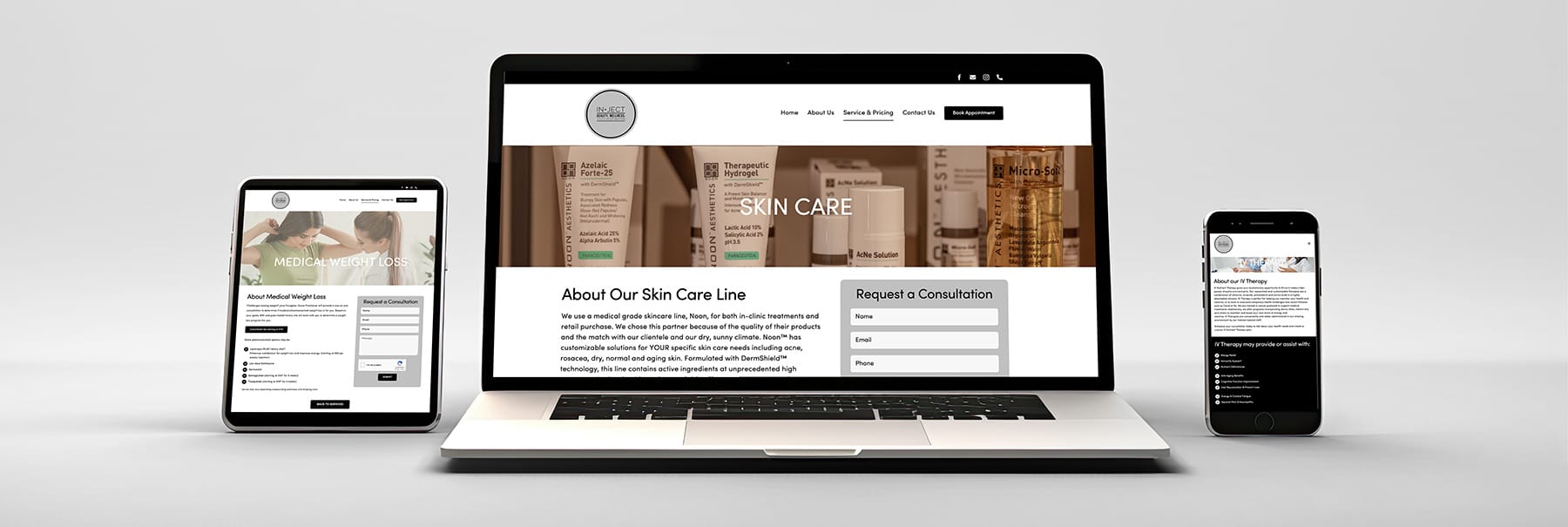 website layout showing phone, tablet, and computer versions