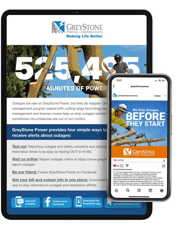 Greystone Email Mockup 5 with phone 1 Vegetation management page and social media